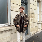 Leopardmønstret Teddyjakke med Oversized Pasform