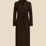 Lang elegant damefrakke i uldlook med bælte og dobbeltradet design