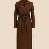 Lang elegant damefrakke i uldlook med bælte og dobbeltradet design