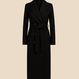 Lang elegant damefrakke i uldlook med bælte og dobbeltradet design
