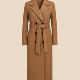 Lang elegant damefrakke i uldlook med bælte og dobbeltradet design