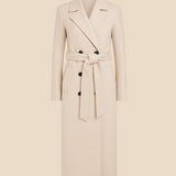 Lang elegant damefrakke i uldlook med bælte og dobbeltradet design