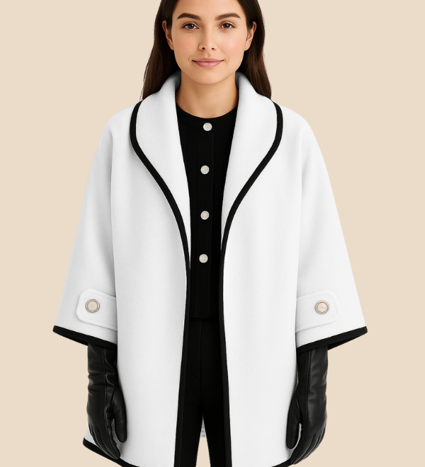 Elegant dameponcho i uldlook med knapdetaljer og løs pasform