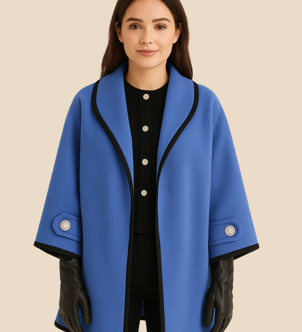 Elegant dameponcho i uldlook med knapdetaljer og løs pasform