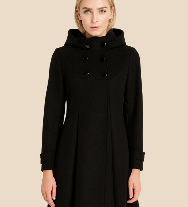 Elegant uldinspireret vinterfrakke til kvinder med hætte og A-form