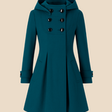 Elegant uldinspireret vinterfrakke til kvinder med hætte og A-form