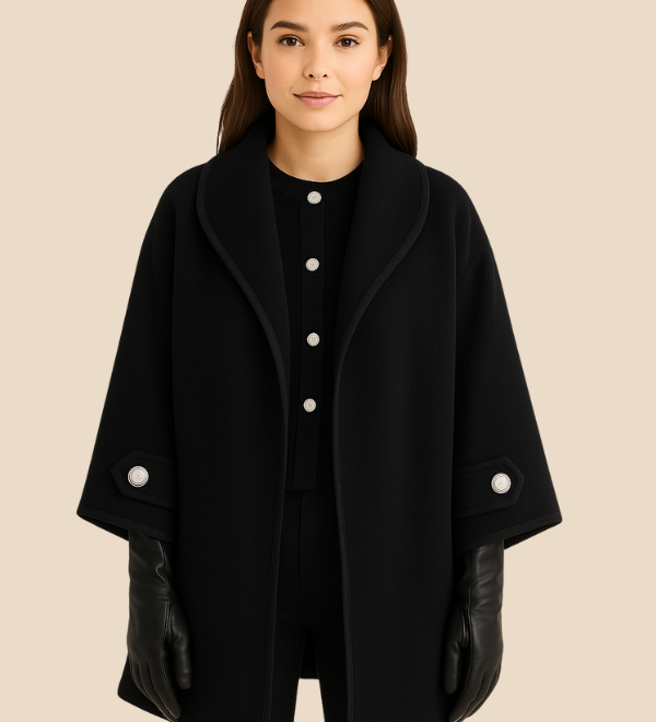 Elegant dameponcho i uldlook med knapdetaljer og løs pasform