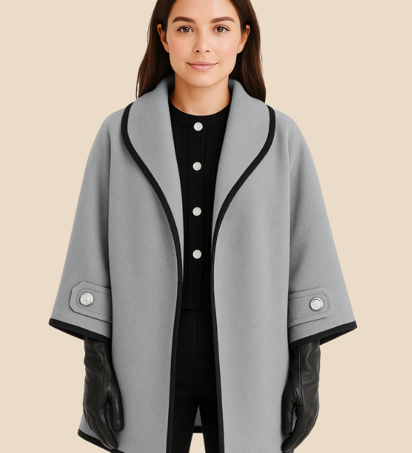 Elegant dameponcho i uldlook med knapdetaljer og løs pasform