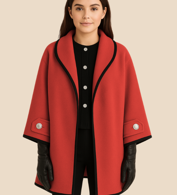 Elegant dameponcho i uldlook med knapdetaljer og løs pasform