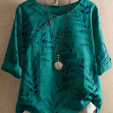 Boho Dame Bluse med Blade og Knapdetaljer – Afslappet og Naturlig