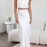 Satin sæt med cropped top og lang nederdel