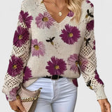 Blomstret V-Hals Bluse med Blondeærmer – Elegant og Feminin Stil