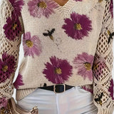 Blomstret V-Hals Bluse med Blondeærmer – Elegant og Feminin Stil