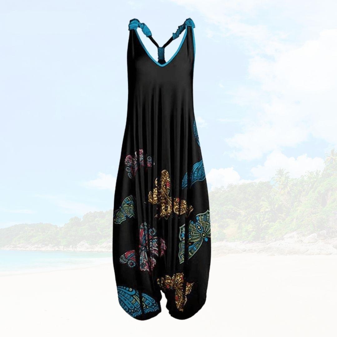 Boheme Jumpsuit med Tropisk Mønster og Lav Ryg