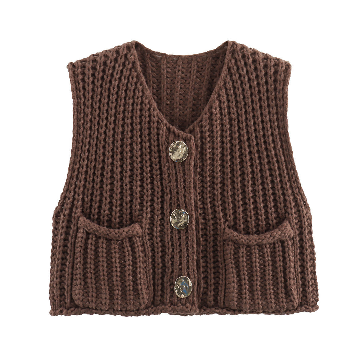 Chunky armygrøn strikvest med lommer og dekorative knapper