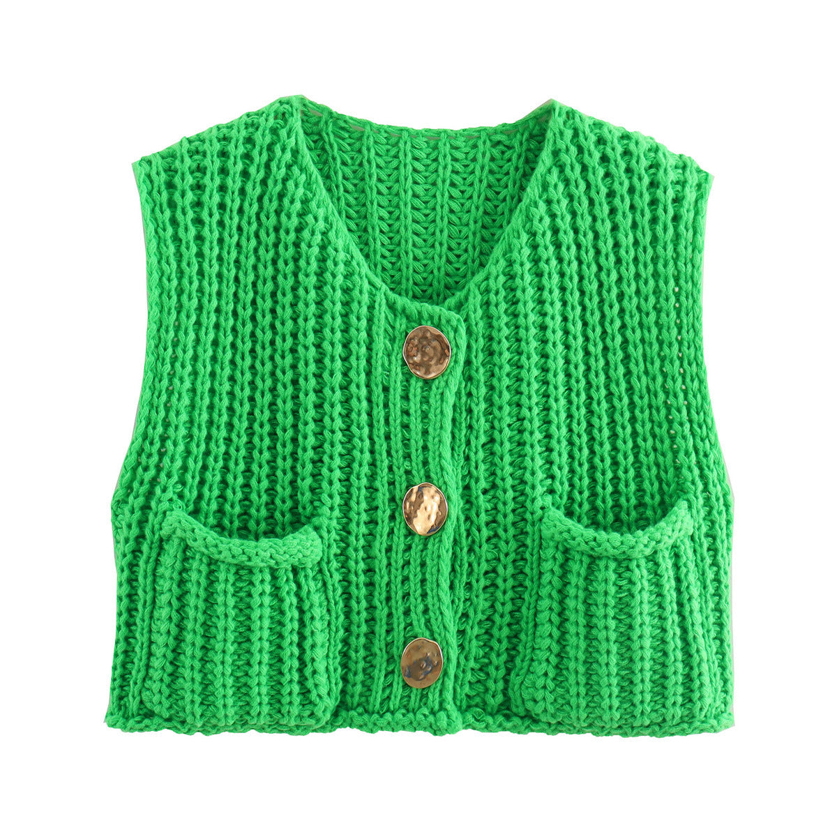 Chunky armygrøn strikvest med lommer og dekorative knapper