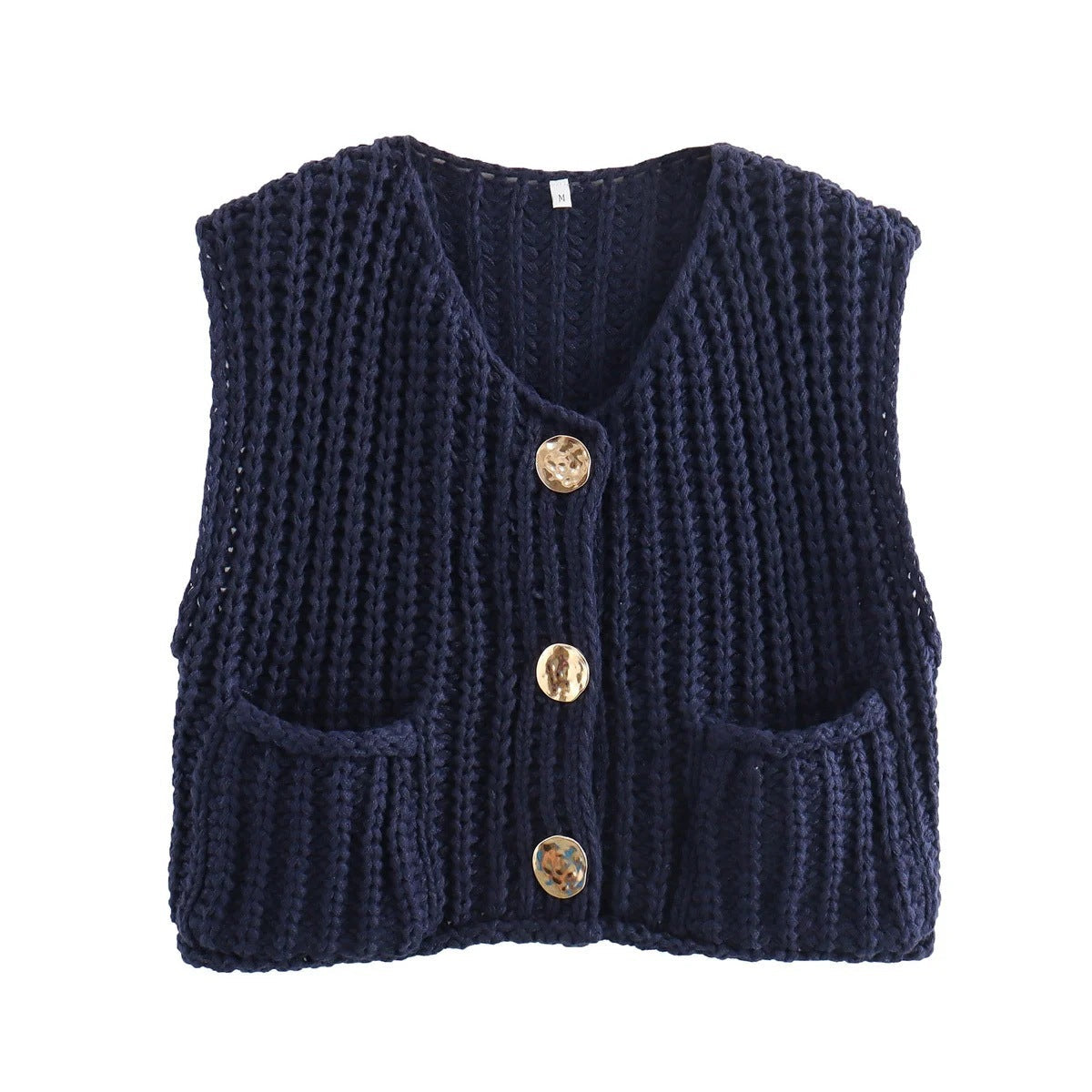 Chunky armygrøn strikvest med lommer og dekorative knapper