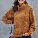 Brun kabelstrik rullekrave sweater til kvinder – Varm vintertrøje