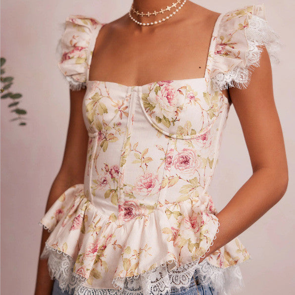 Romantisk corsagetop med blonder og blomsterprint til kvinder