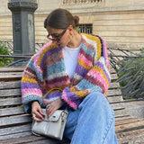Håndstrikket chunky cardigan med striber