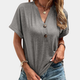 Casual T-shirt med V-udskæring og knapper til kvinder