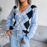 Argyle sweater til kvinder – V-udskæring i lyseblå og sort