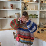 Farverig striktrøje til kvinder – Oversize flerfarvet sweater