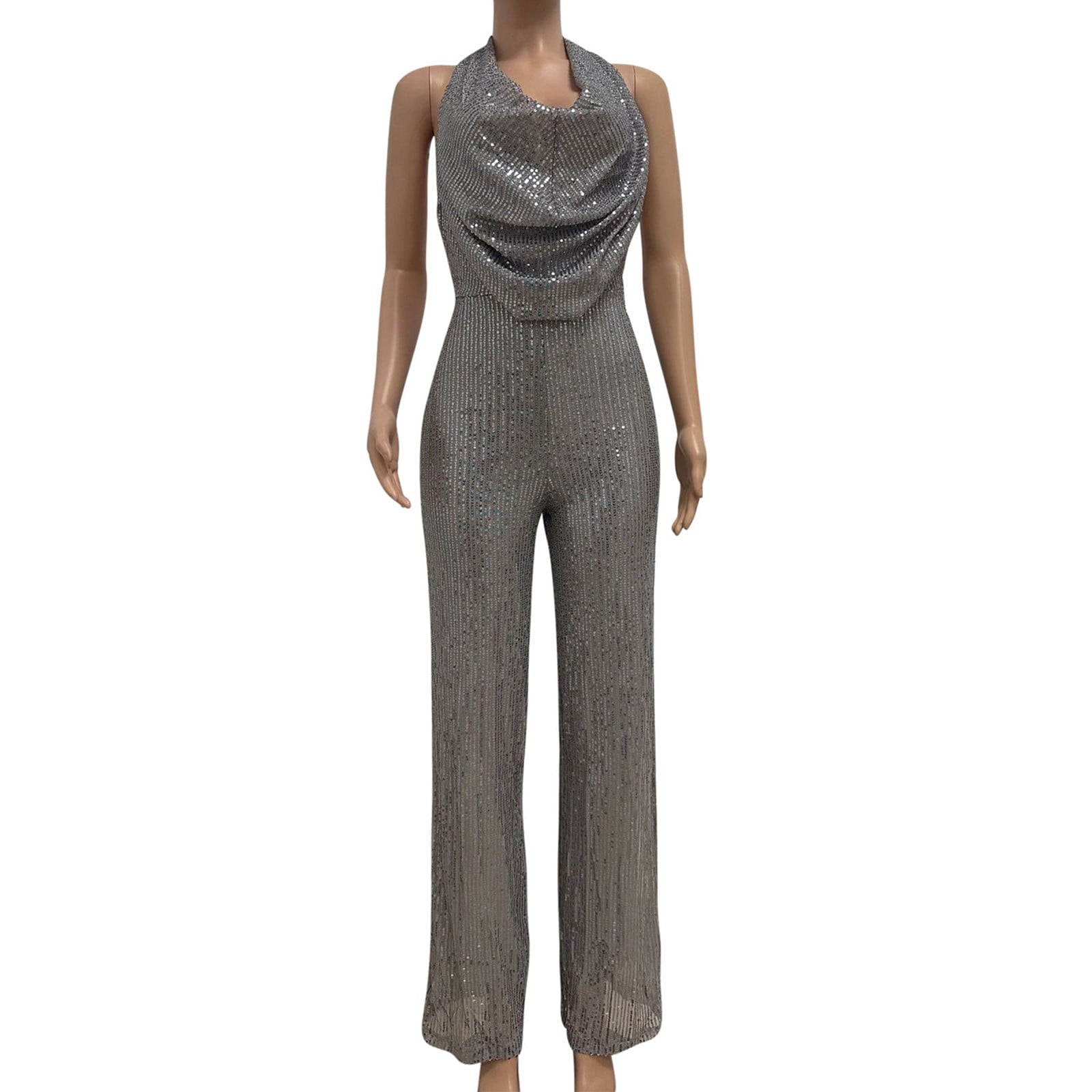 Festjumpsuit med Pailletter og Draperet Halterneck