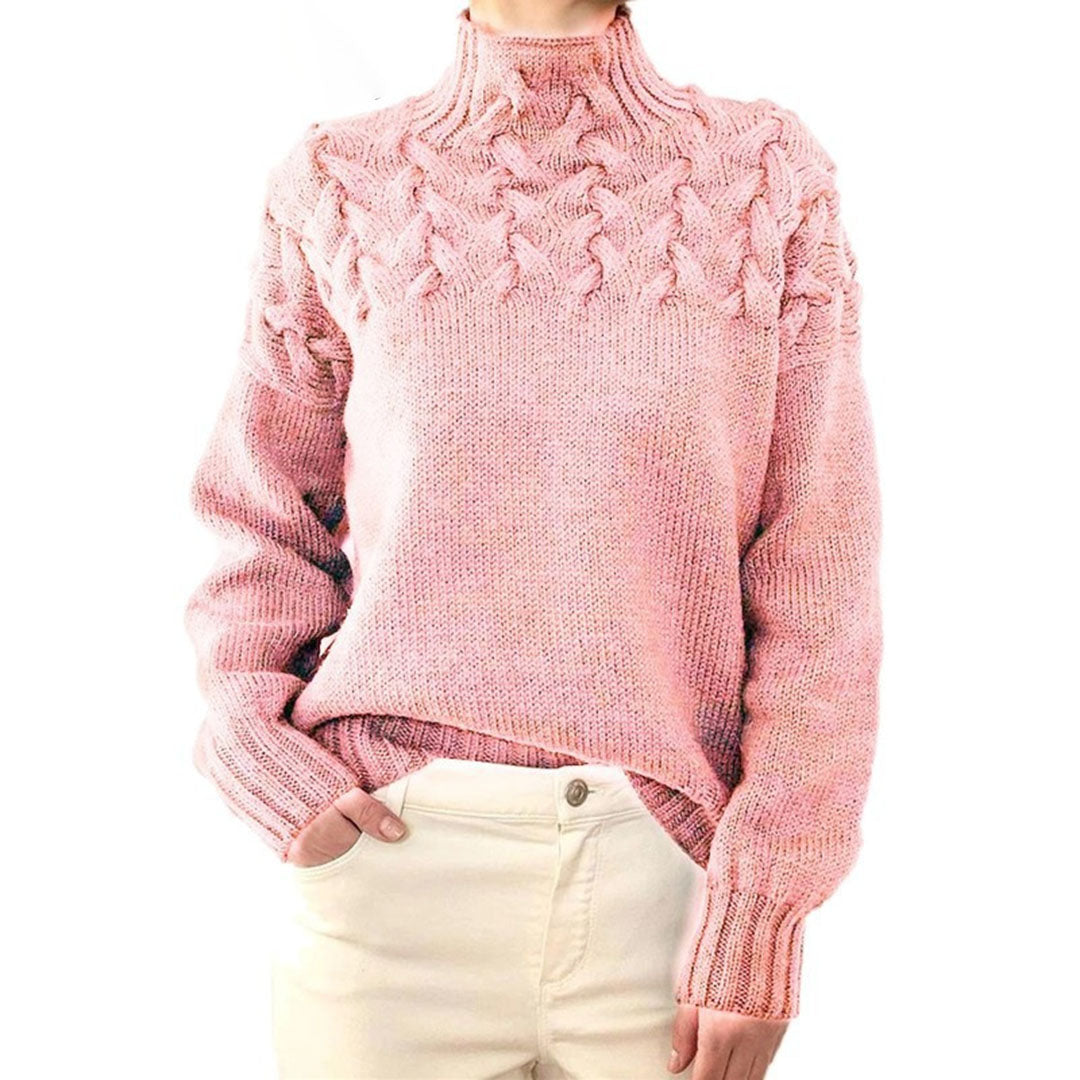 Blå højhalset kabelstrik sweater til kvinder – varm vintertrøje