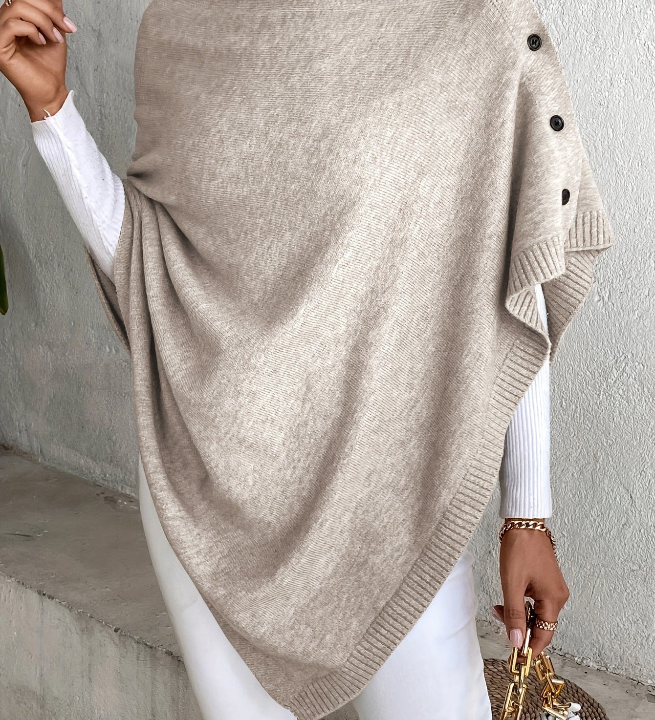 Poncho-cardigan med knapper og blød uldstruktur til kvinder