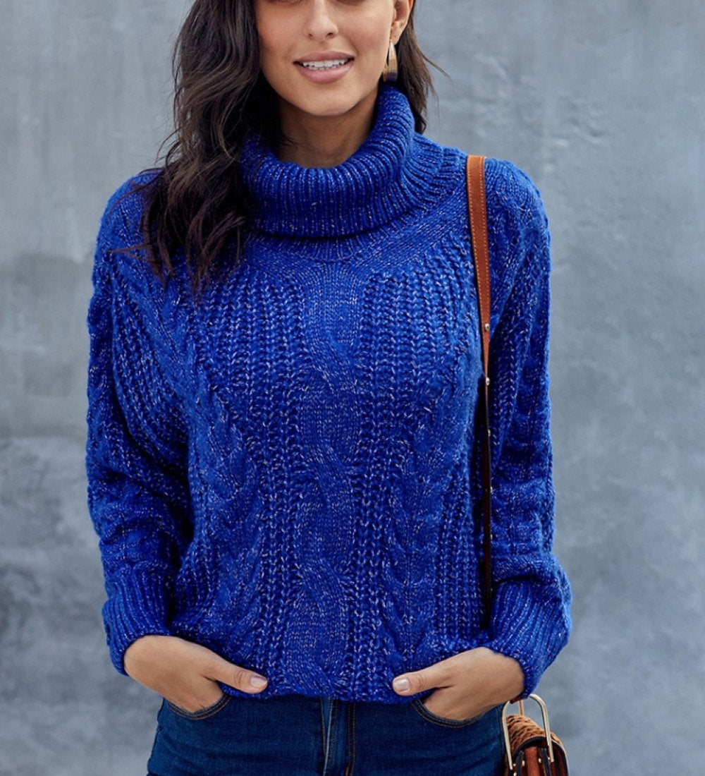 Brun kabelstrik rullekrave sweater til kvinder – Varm vintertrøje