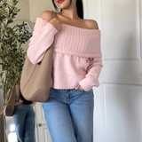 Lyserød off-shoulder sweater til kvinder – Elegant ribbet trøje