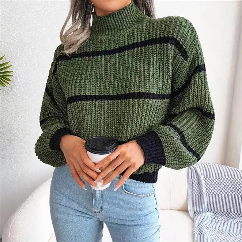 Brun striktrøje med sorte striber – Løs højhalset sweater til kvinder