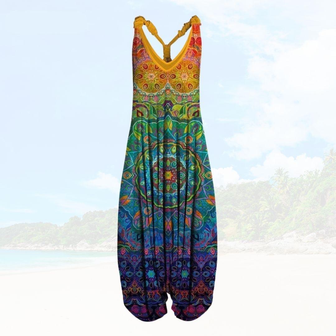 Boheme Jumpsuit med Tropisk Mønster og Lav Ryg
