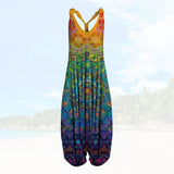 Boheme Jumpsuit med Tropisk Mønster og Lav Ryg
