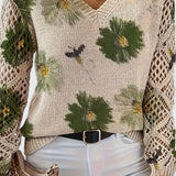 Blomstret V-Hals Bluse med Blondeærmer – Elegant og Feminin Stil