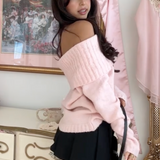 Lyserød off-shoulder sweater til kvinder – Elegant ribbet trøje
