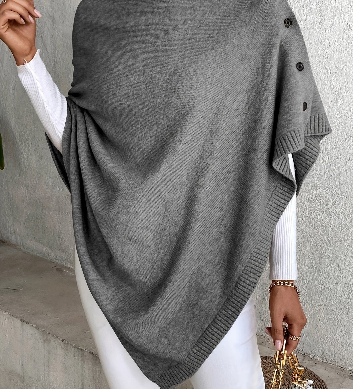 Poncho-cardigan med knapper og blød uldstruktur til kvinder