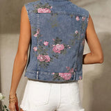 Denimvest med blomstermønster og rå detaljer til kvinder