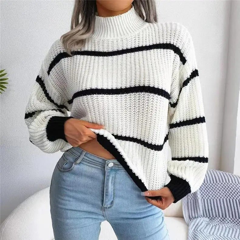 Brun striktrøje med sorte striber – Løs højhalset sweater til kvinder