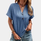 Casual T-shirt med V-udskæring og knapper til kvinder
