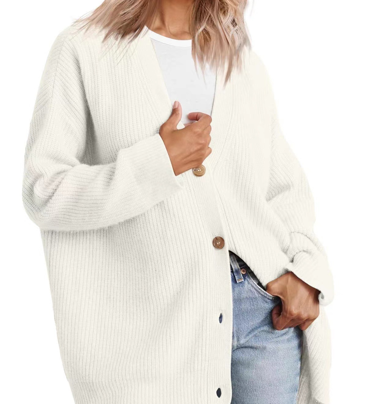 Oversized ribstrikket cardigan i lysegrå – dame strik med knapper