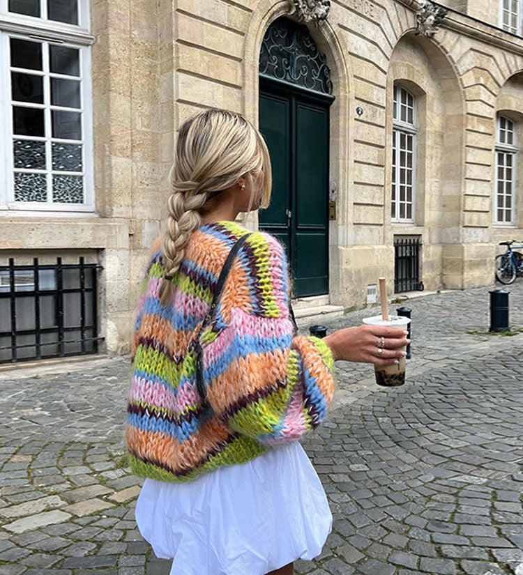Håndstrikket chunky cardigan med striber