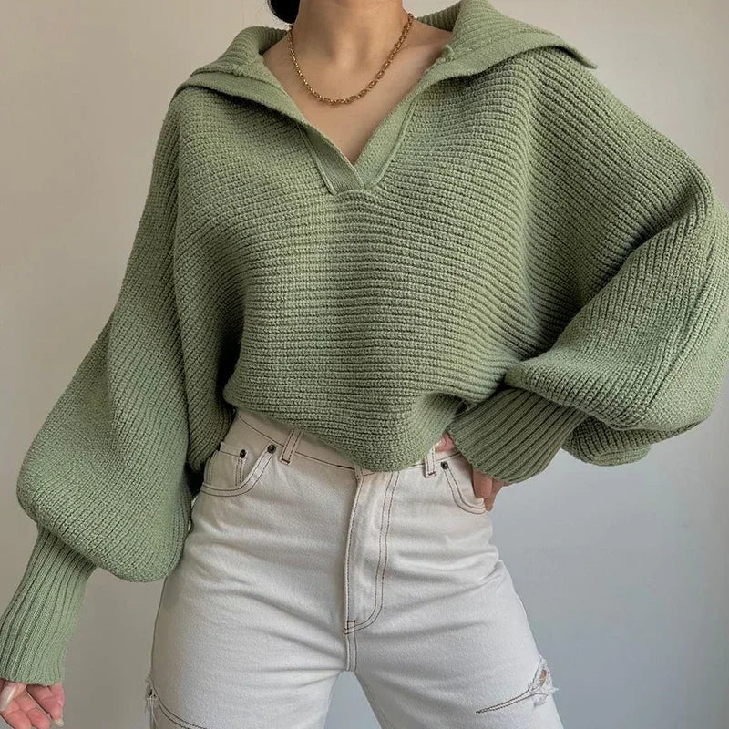 Lyserød ribstrikket pullover med v-hals og stor krave