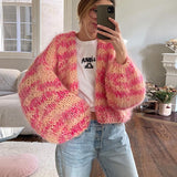 Håndstrikket chunky cardigan med striber