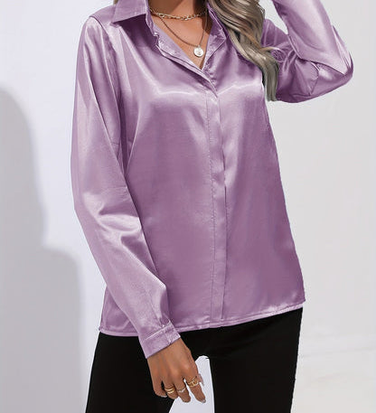 Dame Bluse Langærmet Satinlook | Elegant og Stilfuld