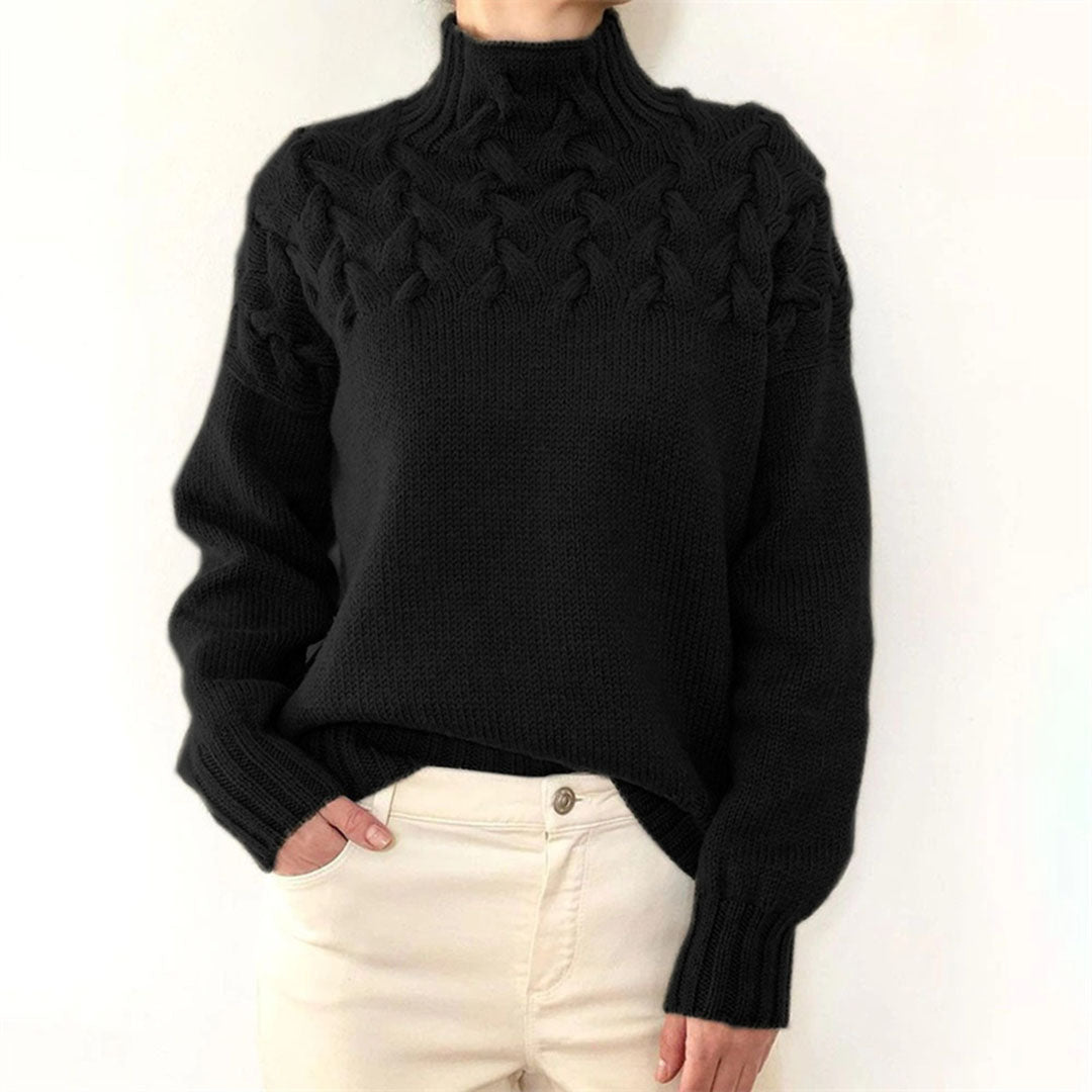 Blå højhalset kabelstrik sweater til kvinder – varm vintertrøje