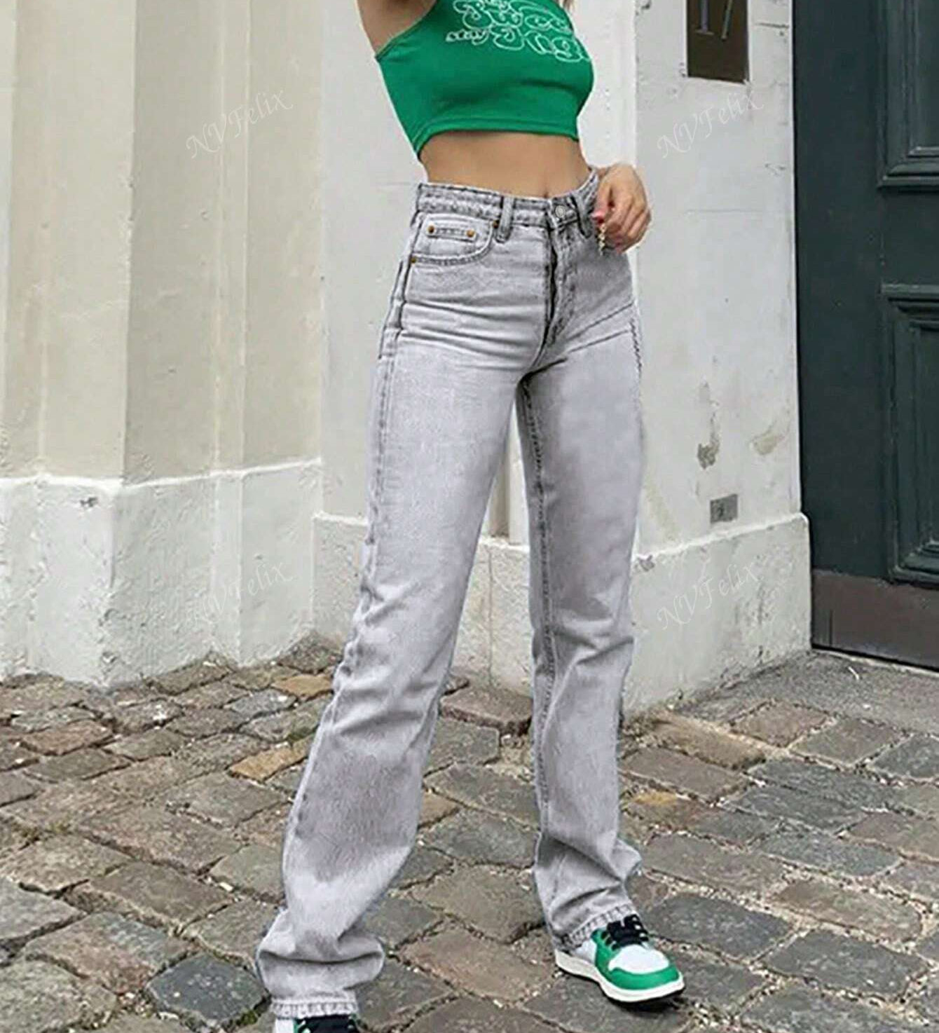 Højtaljede jeans med lige ben i lys vask