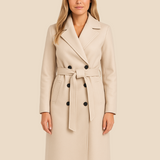 Lang elegant damefrakke i uldlook med bælte og dobbeltradet design