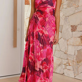 Blumenmuster  Ein-Schulter Falten Maxi Kleid